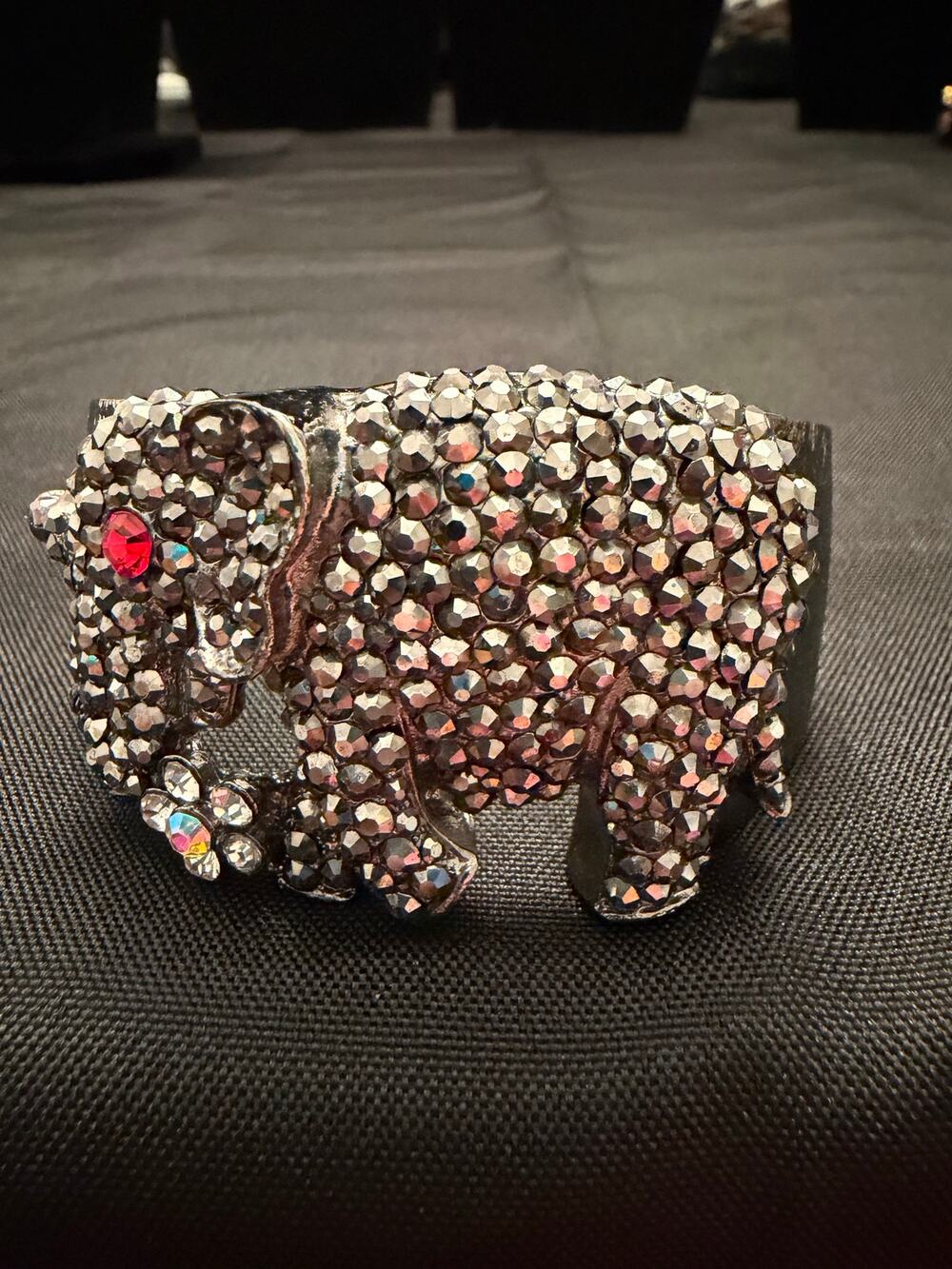 Gunmetal tone Elephant & gold tone Owl  7” wide hinged cuff Chunky Lucky Crystal